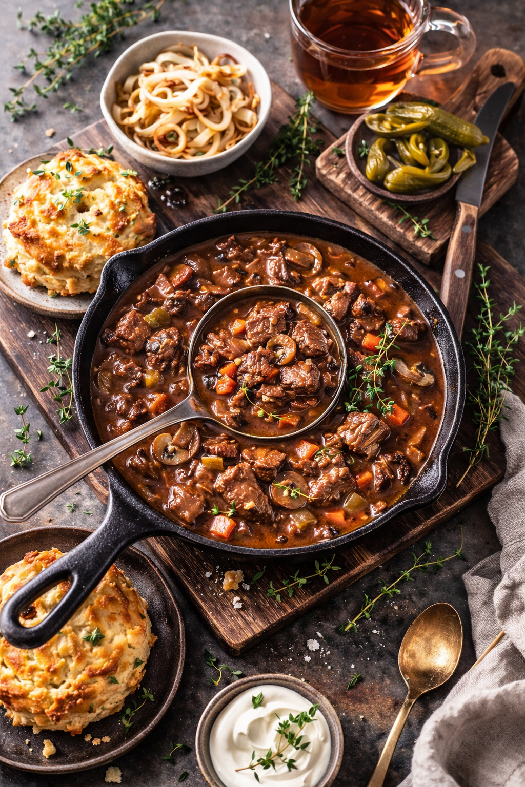 Brisket + Mushroom Stew with Crunchy Chedder + Jalapeño Biscuits