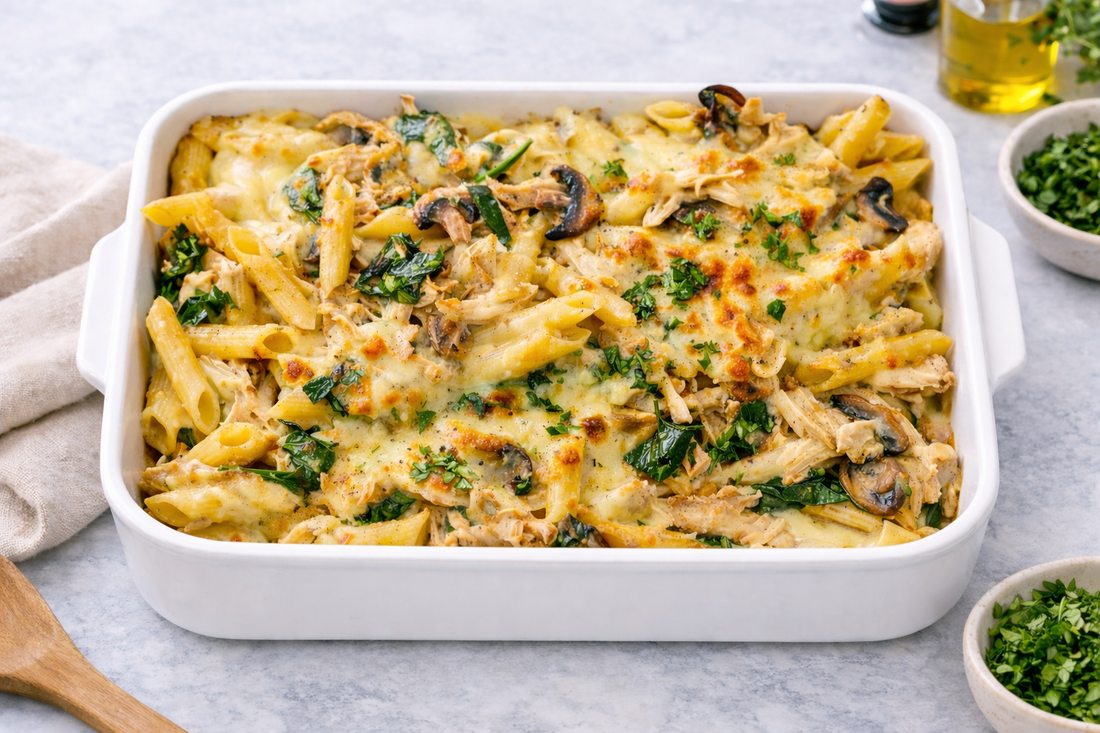 French Onion Chicken Pasta Bake