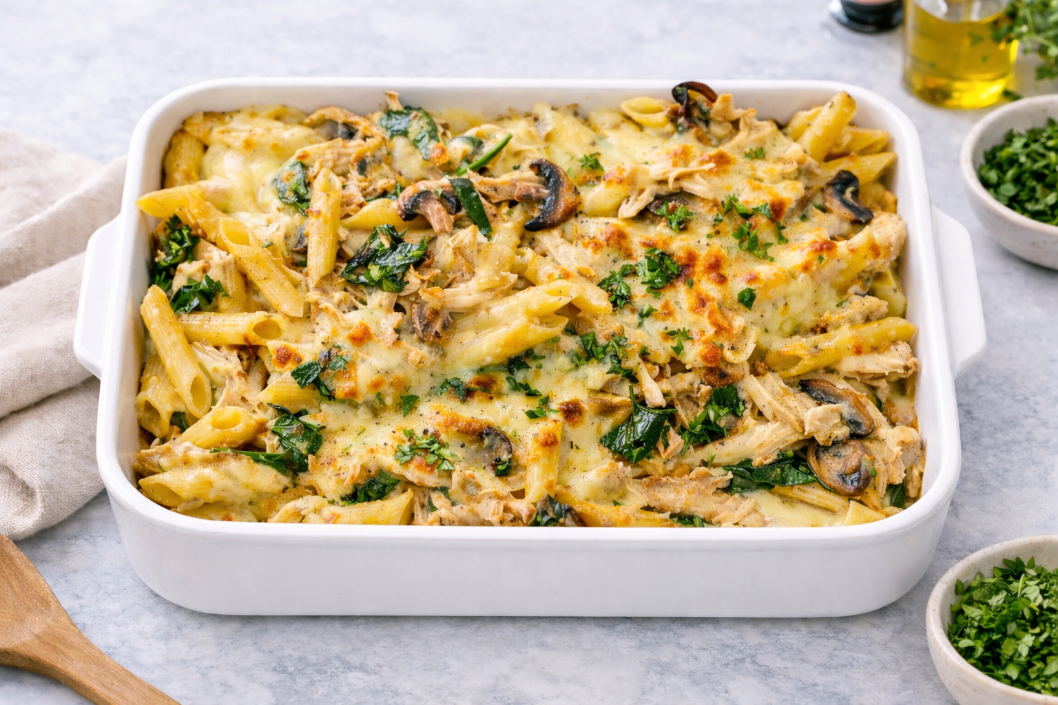 French Onion Chicken Pasta Bake